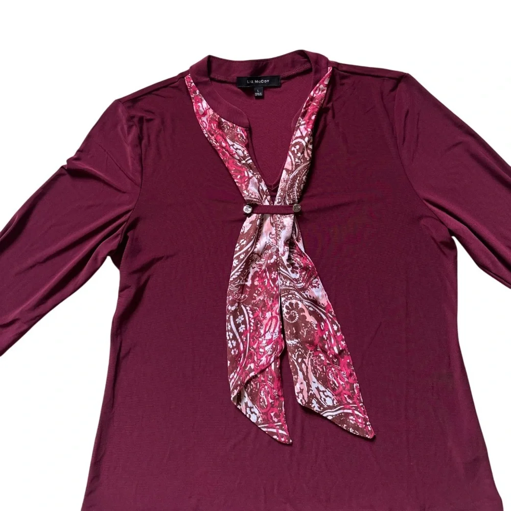 Burgundy Blouse Sz L Scarf Tie Top V Neck 3/4 Sleeve Office Career Preppy